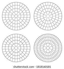 Set of circular mosaic paving pattern. Stone tiles in vector . Symmetrical and equal garden patio design.