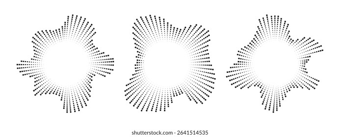 A set of circular multicolor burst ray equalizers . Radial sound, frequency sound neon waves . Pulsing music design element, voice graphic signal, circular sound waves . Vector radial spectrum.
