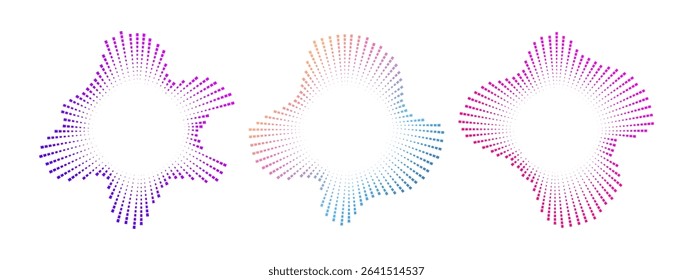 A set of circular multicolor burst ray equalizers . Radial sound, frequency sound neon waves . Pulsating music design element, voice graphic signal, circular waves . Vector radial spectrum.