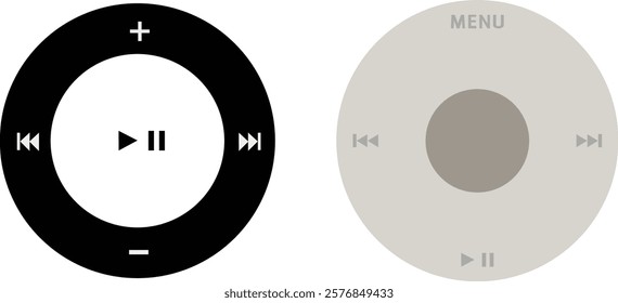 Set of circular music player interface with buttons, Vector editable illustration. App clock wheel with pause play and stop button