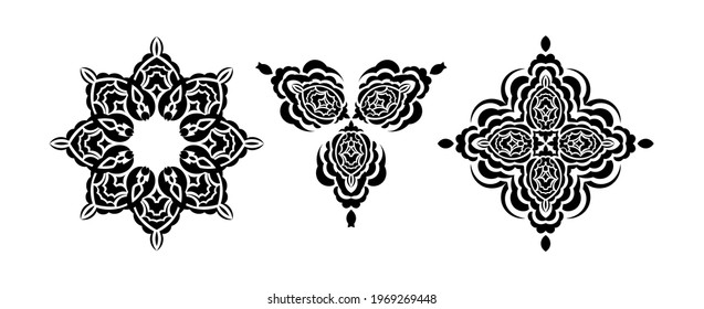 Set of circular ornament, filled silhouette. Isolated on white background. Vector illustration
