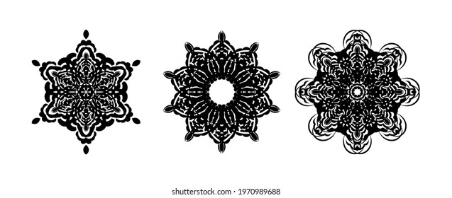Set of circular ornament, filled silhouette. Good for menus, tattoos, prints and postcards. Vector illustration