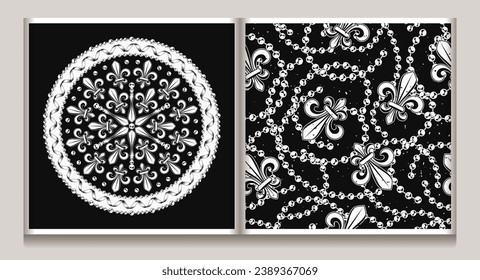 Set of circular ornament, seamless pattern for Mardi Gras carnival decoration. Fleur de Lis, ribbons, strings of beads on dark textured background. For prints, clothing, t shirt, holiday goods, stuff
