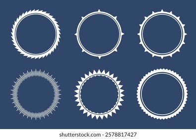 Set of circular ornamental frames with sharp and spiky edges, symmetrical decorative borders on a dark background. Ideal for certificates, labels, logos, and graphic design elements