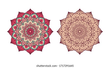 Set of circular ornaments. Color and black and white Mandala design