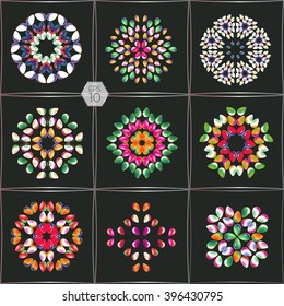 A set of circular ornaments. Mosaic of stylized rocks. Folk stylization. Vector Eps10 comfortable editing.