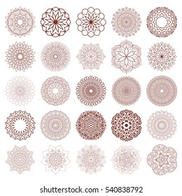 Set of circular ornaments on a white background. Mandala ethnic, Eastern, Asian, Indian, Slavic, Turkish, traditional style. Manual pattern template for design. Coloring book for adults.