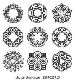 Set of circular ornaments. Round symmetrical patterns isolated on white background. Vintage decorative elements. Oriental patterns. Ottoman motifs. Tattoo design. Vector monochrome illustration.