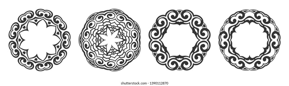 Set of circular ornaments. Round symmetrical patterns isolated on white background. Vintage decorative elements. Oriental patterns. Ottoman motifs. Tattoo design. Vector monochrome illustration.