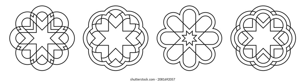 Set of circular ornaments. Round symmetrical outlines patterns isolated on white background. Vintage decorative elements. Stylized flowers, signs. Stencil tattoo and prints. Vector monochrome illustra