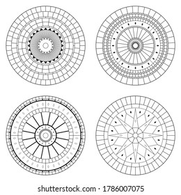 Set of circular pattern flooring. Mosaic stone circular tiles in vector line. Symmetrical circus radial tiles with texture. Diamond shape tiles detail.