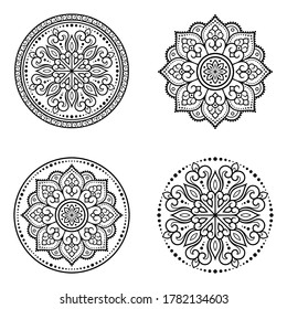 Set of circular pattern in form of mandala with flower for Henna, Mehndi, decoration. Decorative ornament in ethnic oriental style. Outline doodle hand draw vector illustration. Coloring book page.