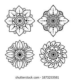 Set of circular pattern in form of mandala with flower for Henna, Mehndi, tattoo, decoration. Decorative ornament in ethnic oriental style. Outline doodle hand draw vector illustration.