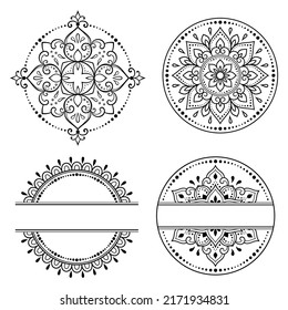 Set of circular pattern in form of mandala with flower for Henna, Mehndi, tattoo, decoration. Decorative ornament in ethnic oriental style. Outline doodle hand draw vector illustration.