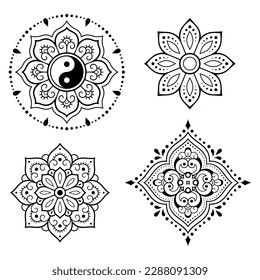 Satz von runden Mustern in Form von Mandala mit Blume, Yin-Yang-Symbol für Henna, Mehndi, Dekoration. Dekorative Ornamente im orientalischen Stil. Umrissdoodle Hand ziehen Vektorgrafik.