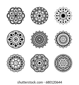 Set of circular pattern in form of mandala for Henna, Mehndi, tattoo, decoration. Decorative ornament in ethnic oriental style. Coloring book page.