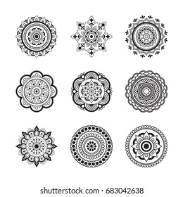 Set of circular pattern in form of mandala for Henna, Mehndi, tattoo, decoration. Decorative ornament in ethnic oriental style. Coloring book page.