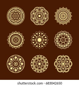 Set of Circular pattern in form of mandala for Henna, Mehndi, tattoo, decoration. Decorative ornament in ethnic oriental style.