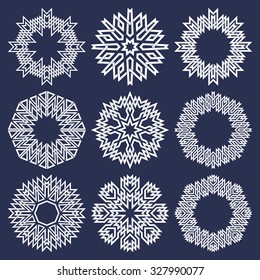 Set of circular patterns in Asian intersecting lines style. Nine white eight pointed mandalas in snowflakes form on blue background.