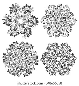 Set of circular patterns. Black white floral mandalas.