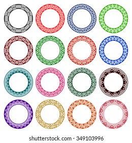 Set of circular patterns in celtic knotting style. Sixteen plates colored ornaments. Round decorative elements for design.