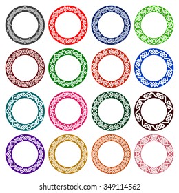 Set of circular patterns in celtic knotting style. Sixteen plates colored ornaments. Round decorative elements for design.