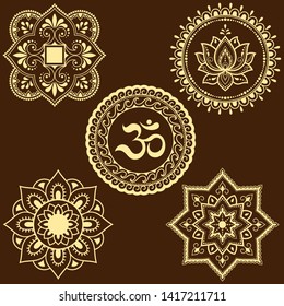 Set of circular patterns in form of Mandala with religious symbols. Oriental signs OM, lotus flower, sun for Henna, Mehndi, tattoo, decoration. Decorative ornament in ethnic style.