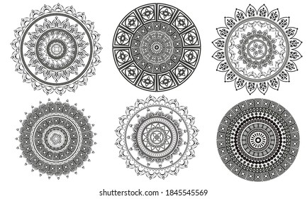 Set of circular patterns in form of mandala for henna. Mehndi.
