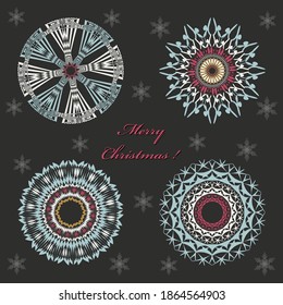 Set of circular patterns, snowflakes. Christmas vector illustration.