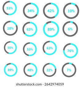 Conjunto de diagramas de porcentagem circulares de gráficos de pizza de 89% a 50%. Projeto vetorial pronto para uso para dados, relatórios e infográficos.

