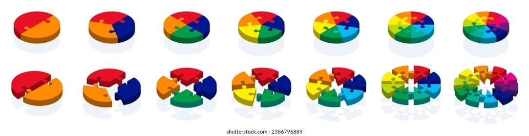 Set of circular pie puzzle. Circle diagram with 2-10 steps, pieces, parts. 3d isometric illustration for infographic, chart, business process and cycles, data analytic and visualization, presentation.