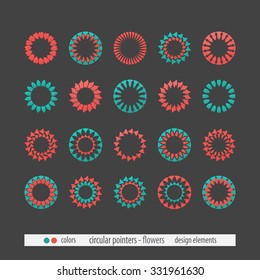 set of circular pointers, flowers and sun inspired icons isolated on gray background. vector web design elements and logo