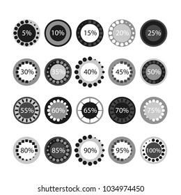 Set of circular progress bar icons vector. Collection of twenty elements. Timer icon with five percent interval in modern style. Good for download display. Background with flat element, indicator, web