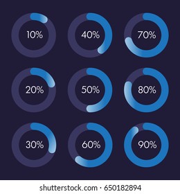 Set Of Circular Progress Bar Icons Vector. Collection Of Nine Elements. Timer Icon With Ten Percent Interval In Modern Style. Good For Download Display. Background With Flat Element, Indicator