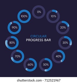 Set of circular progress bar icons vector. Collection of nine elements. Timer icon with ten percent interval in modern style. Good for download display. Background with flat element, indicator, web