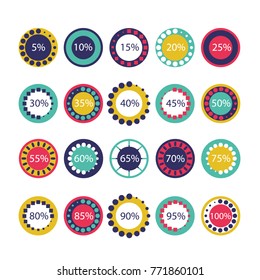 Set of circular progress bar icons vector. Collection of twenty elements. Timer icon with five percent interval in modern style. Good for download display. Background with flat element, indicator, web