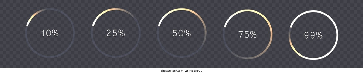 Um conjunto de indicadores circulares de progresso (10%, 25%, 50%, 75%, 99%) na forma de indicadores em anel brilhante sobre um fundo transparente. Indicadores radiais para dashboards, aplicativos e interfaces da Web.