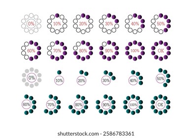 Set of Circular Progress Indicators with Percentage Values.