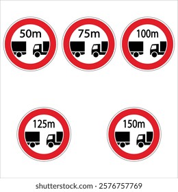 Set of circular prohibiting overtaking road signs for trucks over a minimum distance of 50, 75, 100, 125 and 150 meters.