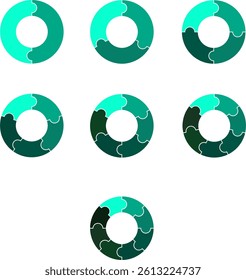 Set of circular puzzel chart diagrams. Circles puzzle cut separated on2,3, 4,5, 6,7,8 with empty middle with spacing,simple flat design vector illustration.	