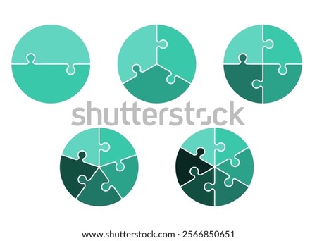 Set of circular puzzle chart diagrams. Circles puzzle cut separated on2,3, 4,5, 6, with fill middle,simple flat design vector illustration.