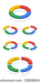 Conjunto de rompecabezas circulares. Diagrama de círculo con 4 pasos, piezas, partes. 3d ilustración isométrica para infografía, gráfico, procesos y ciclos de negocio, análisis y visualización de datos, presentación.