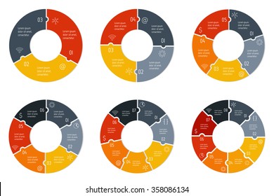 Set of circular puzzle infographic diagrams. Vector connected charts with 3, 4, 5, 6, 7, 8 options. Paper progress steps for tutorial. Business concept sequence banners. EPS10 workflow layouts.