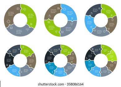 Set of circular puzzle infographic diagrams. Vector connected charts with 3, 4, 5, 6, 7, 8 options. Paper progress steps for tutorial. Business concept sequence banners. EPS10 workflow layouts.