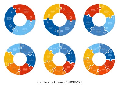 Set of circular puzzle infographic diagrams. Vector connected charts with 3, 4, 5, 6, 7, 8 options. Paper progress steps for tutorial. Business concept sequence banners. EPS10 workflow layouts.