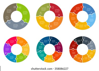 Set of circular puzzle infographic diagrams. Vector connected charts with 3, 4, 5, 6, 7, 8 options. Paper progress steps for tutorial. Business concept sequence banners. EPS10 workflow layouts.