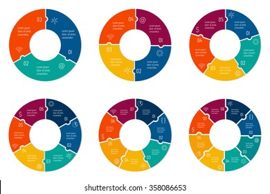 Set of circular puzzle infographic diagrams. Vector connected charts with 3, 4, 5, 6, 7, 8 options. Paper progress steps for tutorial. Business concept sequence banners. EPS10 workflow layouts.