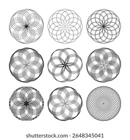 Conjunto de mandalas circulares, radiales y radiantes. Motivos geométricos circulares y concéntricos
