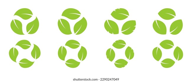 Set of circular recycle leaf vector icons. Reusable, reuse and degradable symbols. Green eco product. 