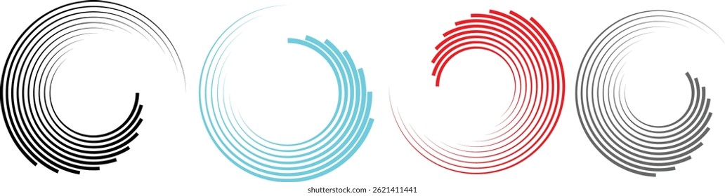 Set of circular ripple icons, colorful circles with broken lines 